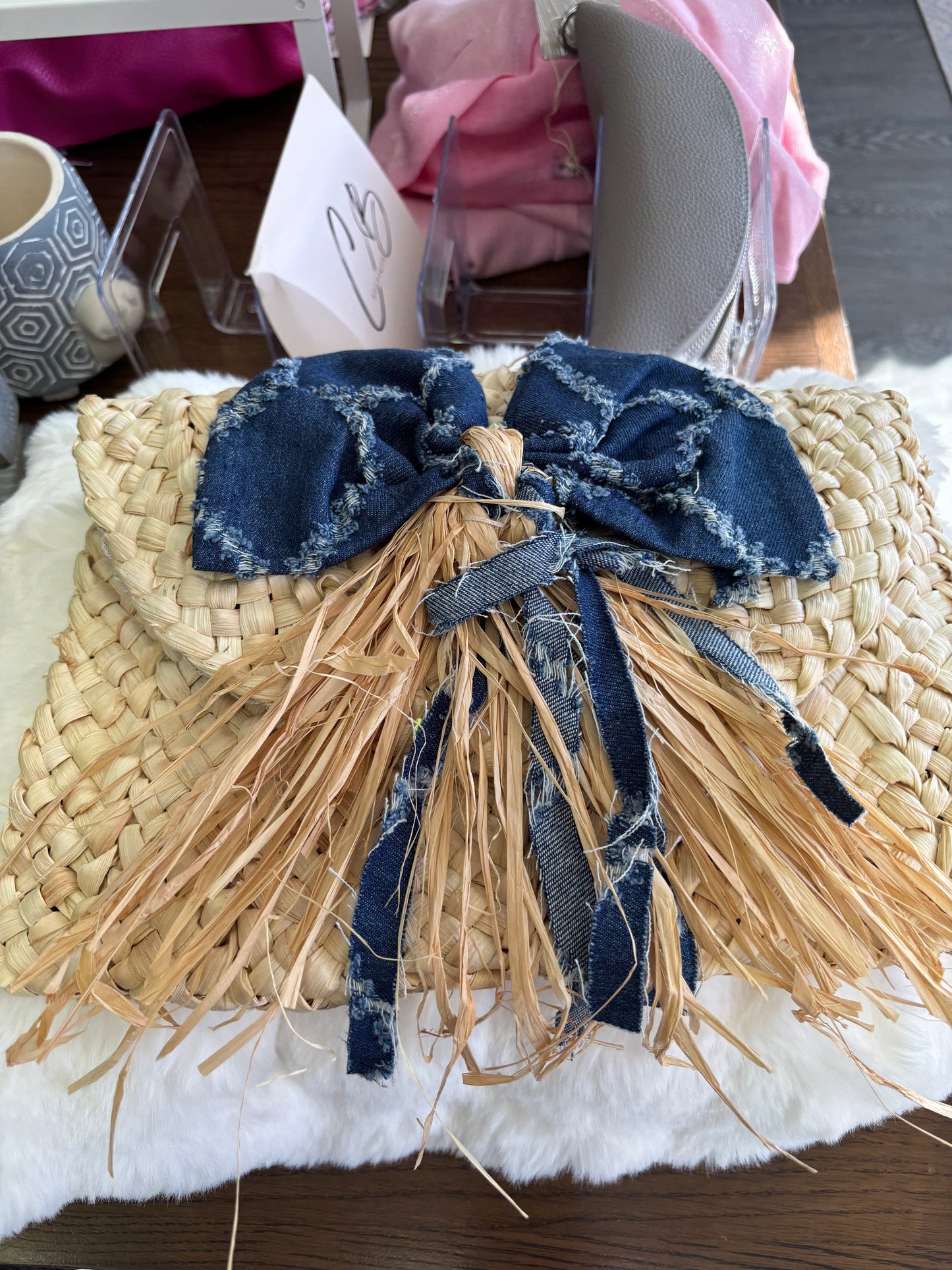 Navy Bow Small Straw Clutch bag
