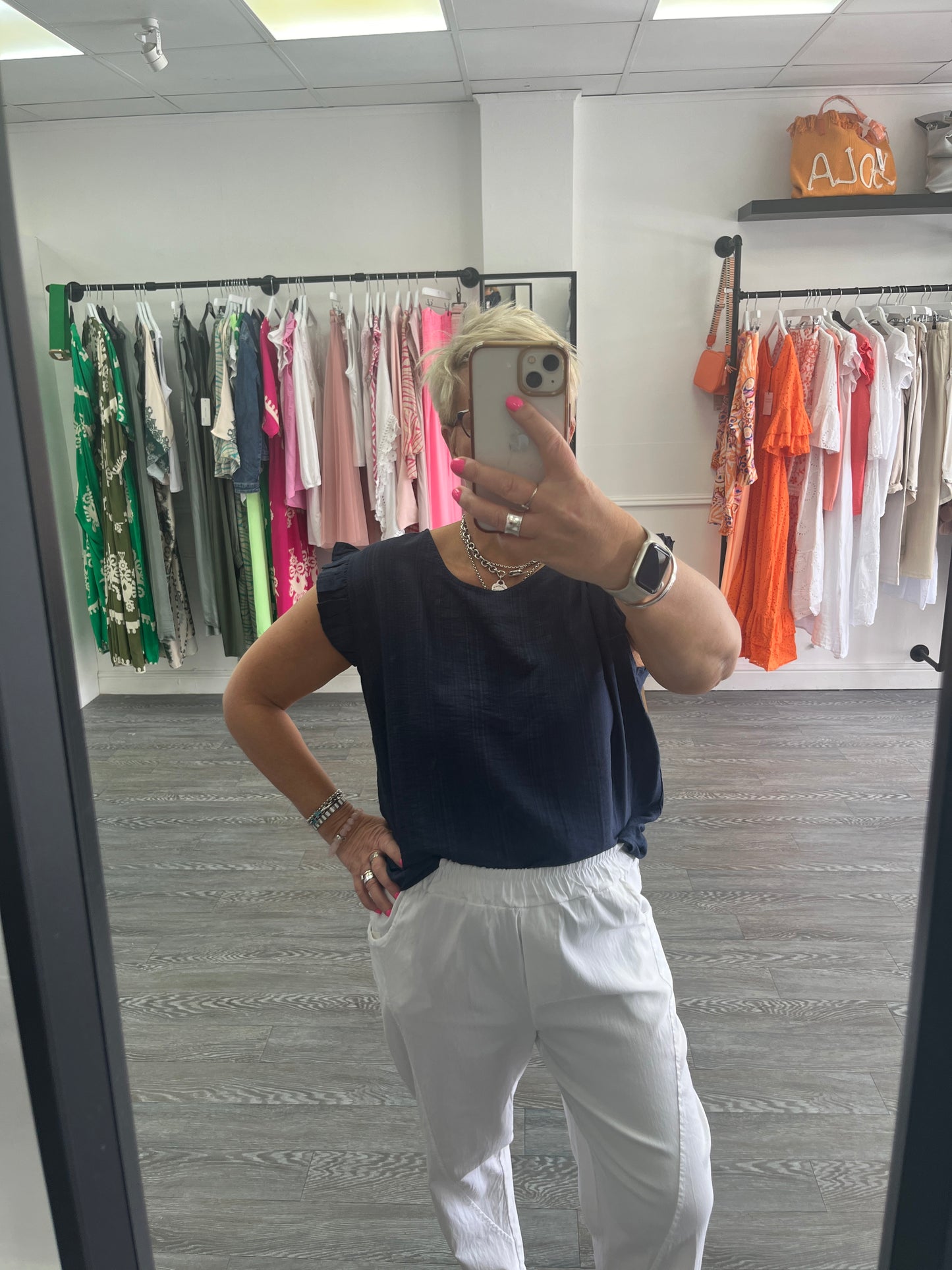 Navy Button Back Frilled Sleeve Top - Navy