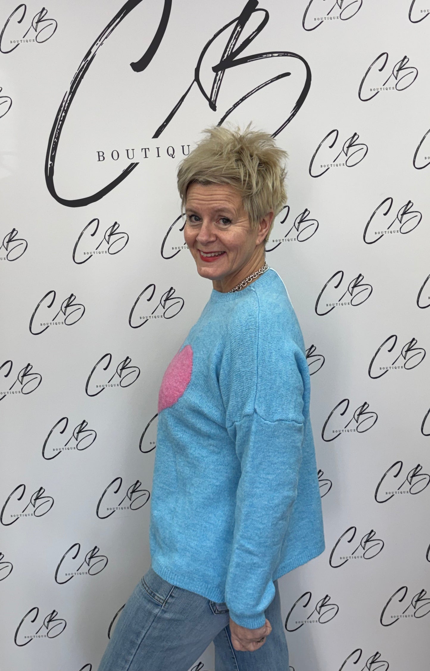 Pale Blue with pink heart jumper