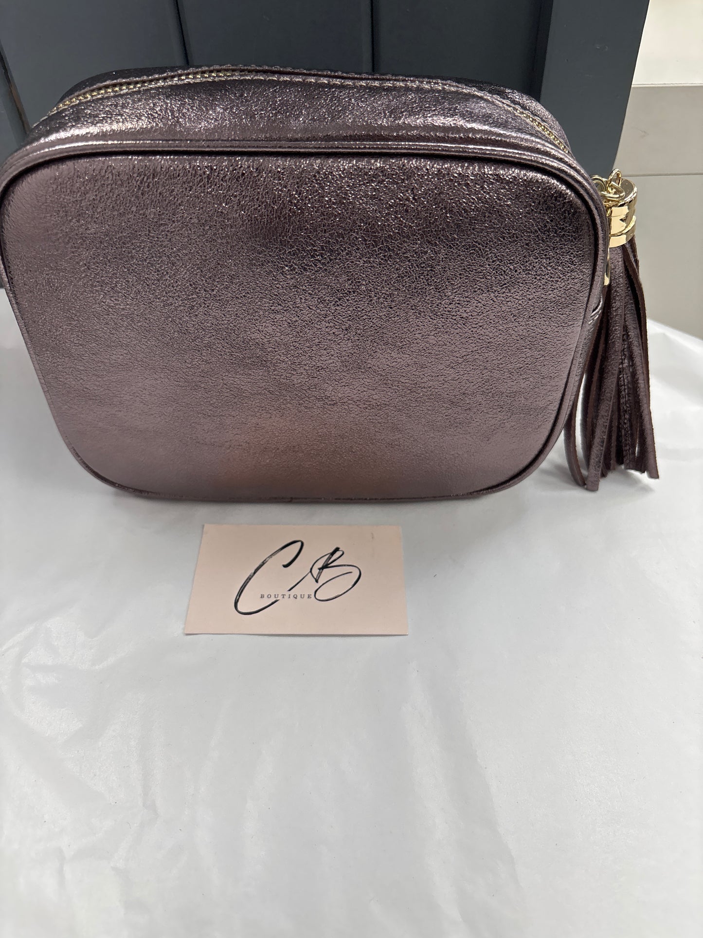 Pewter Leather hand Bag