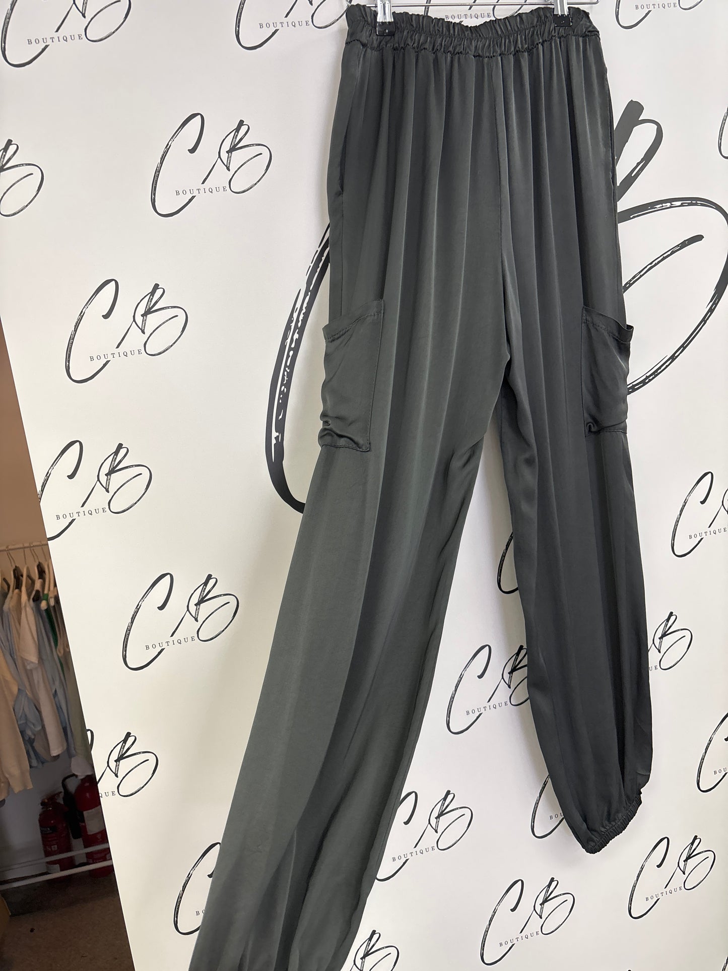 Dark grey Satin Cargo Cuffed Trousers