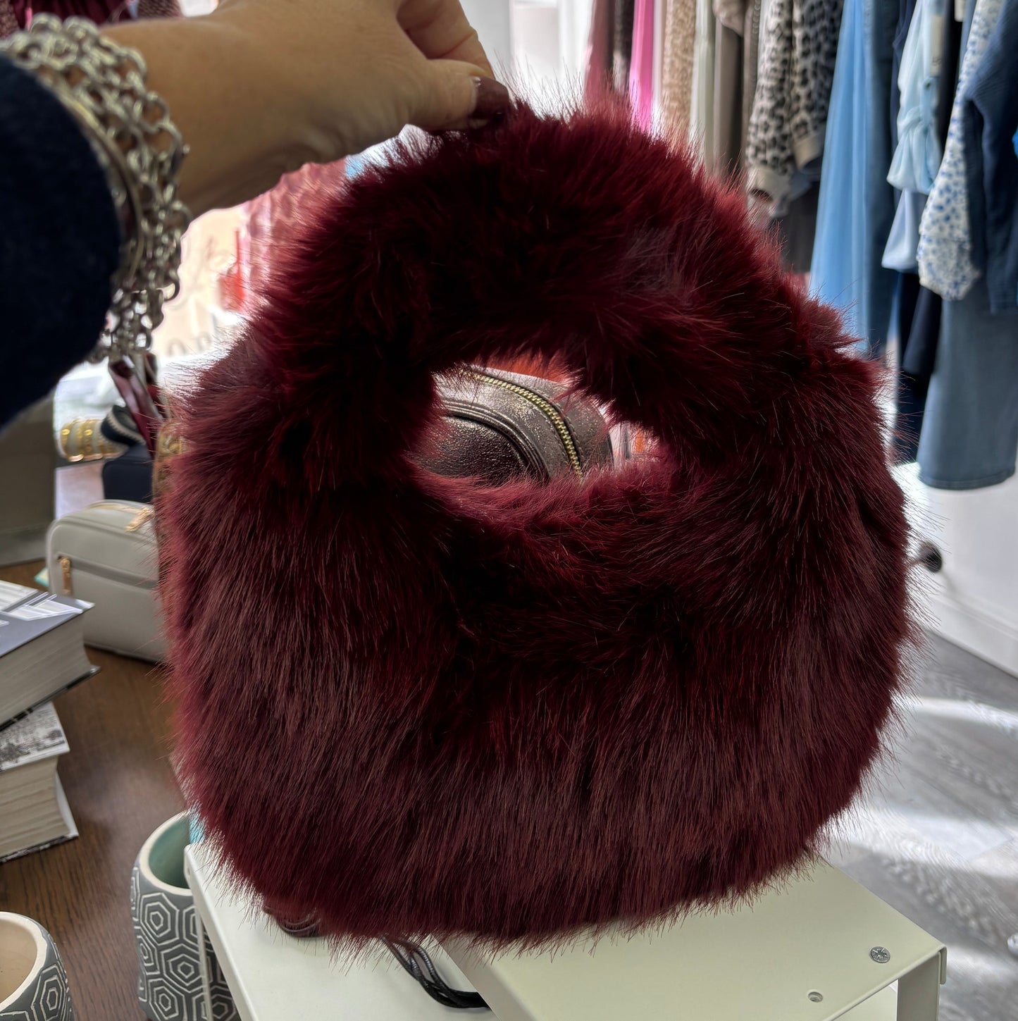 Wine Furry hand Bag