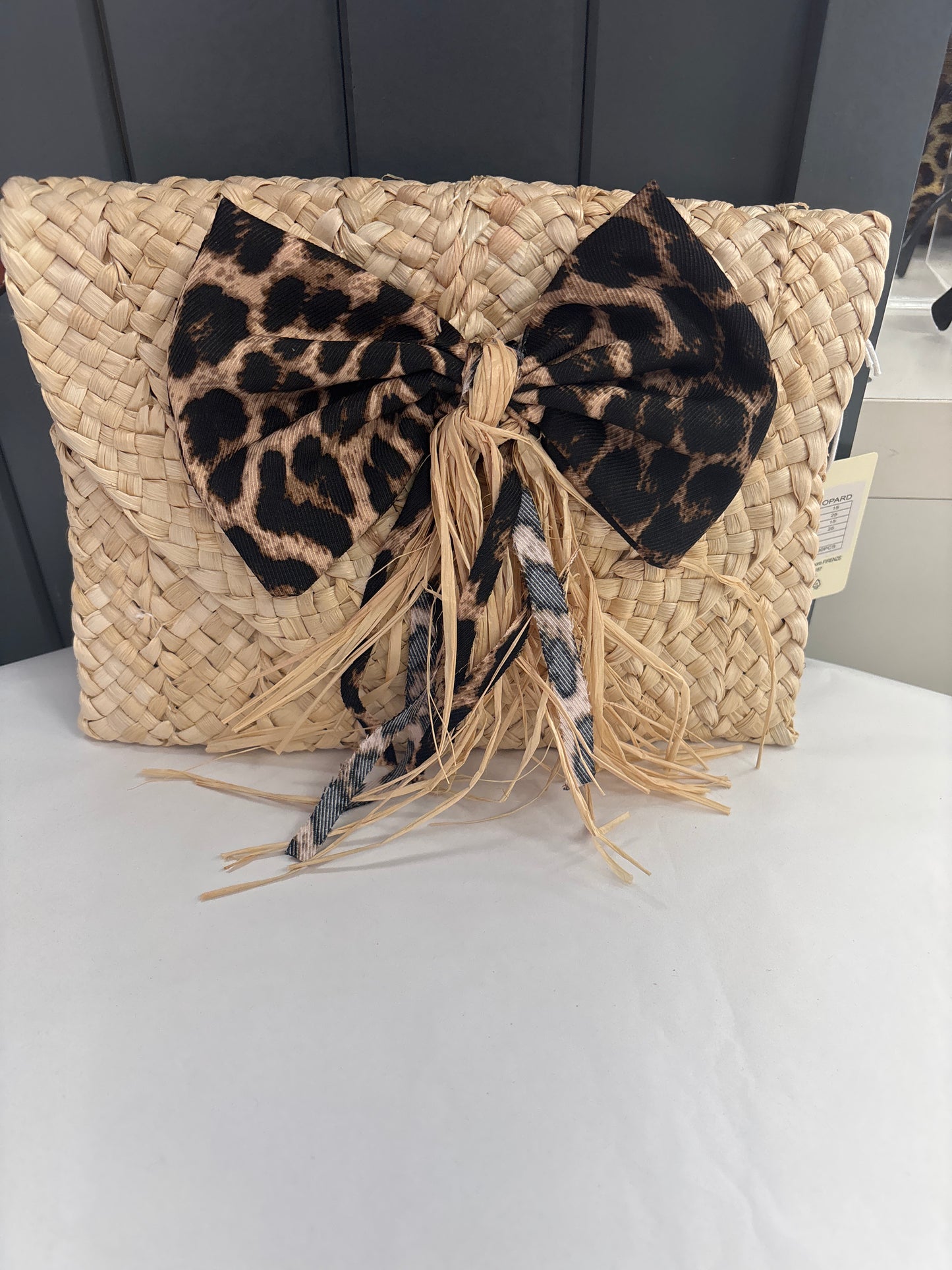 Leopard Bow Small Straw Clutch bag