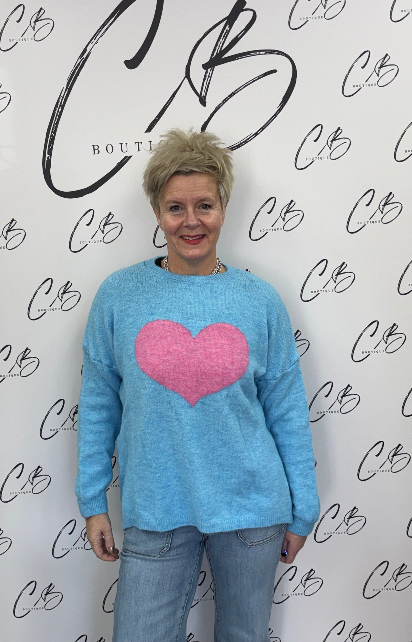 Pale Blue with pink heart jumper