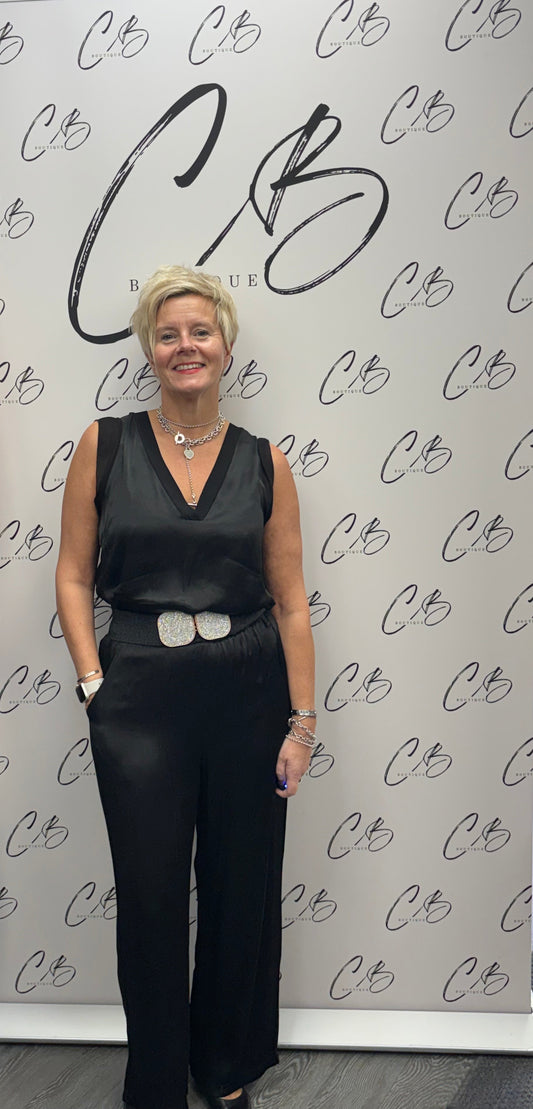 Black Satin V Neck Sleeveless Top - Black