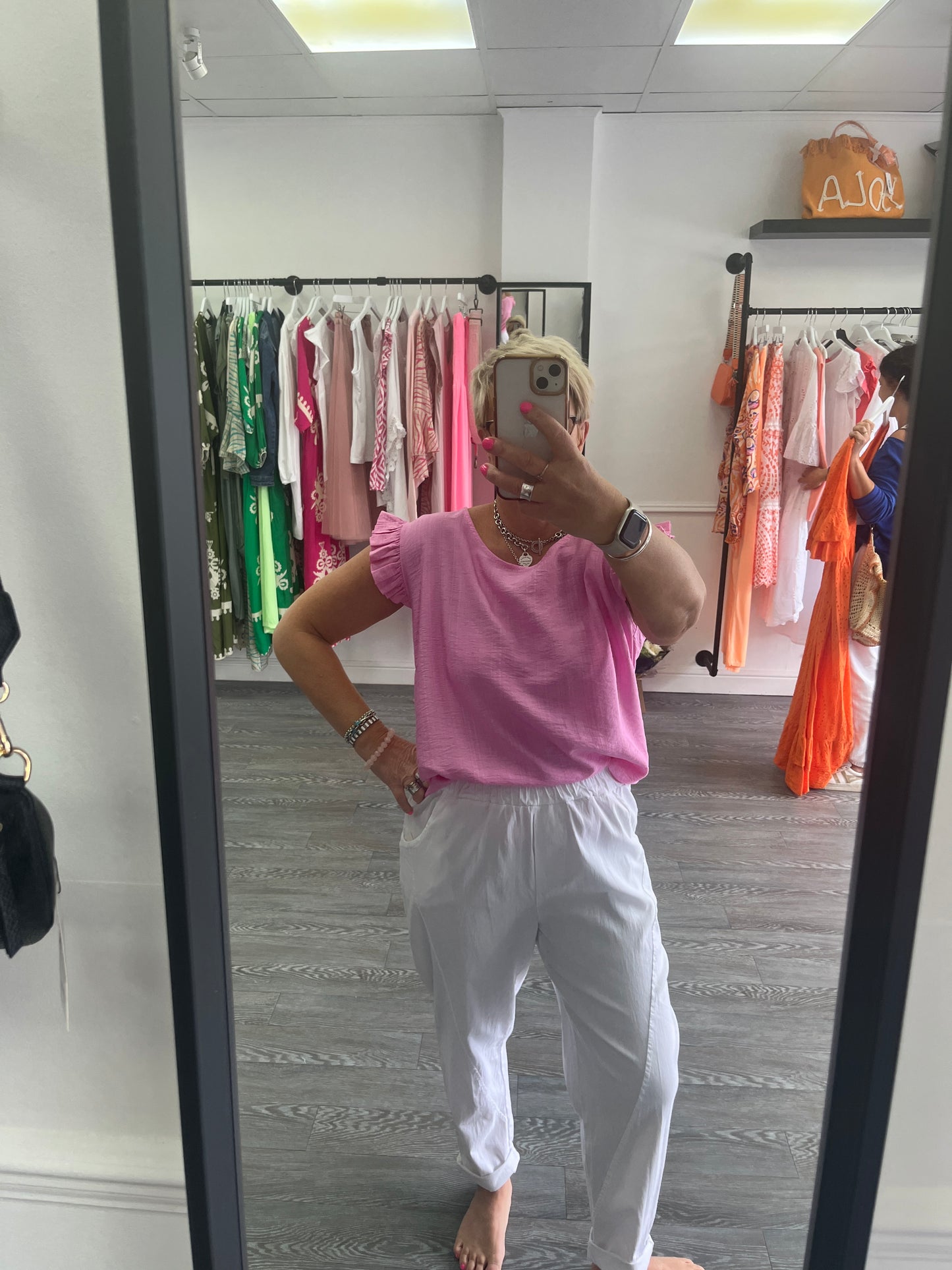 Bright Pink Button Back Frilled Sleeve Top
