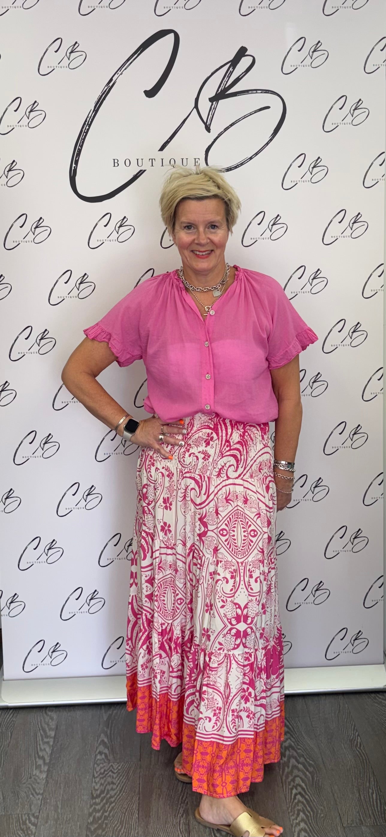 Cream and cerise Long Layered Skirt