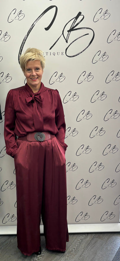 Wine satin wide leg trousers
