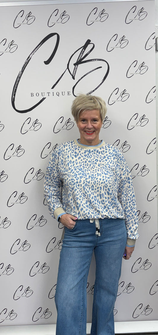 Pale Blue Leopard print round neck top