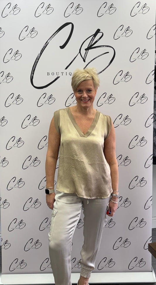 Gold Satin v Neck Sleeveless Top - Gold