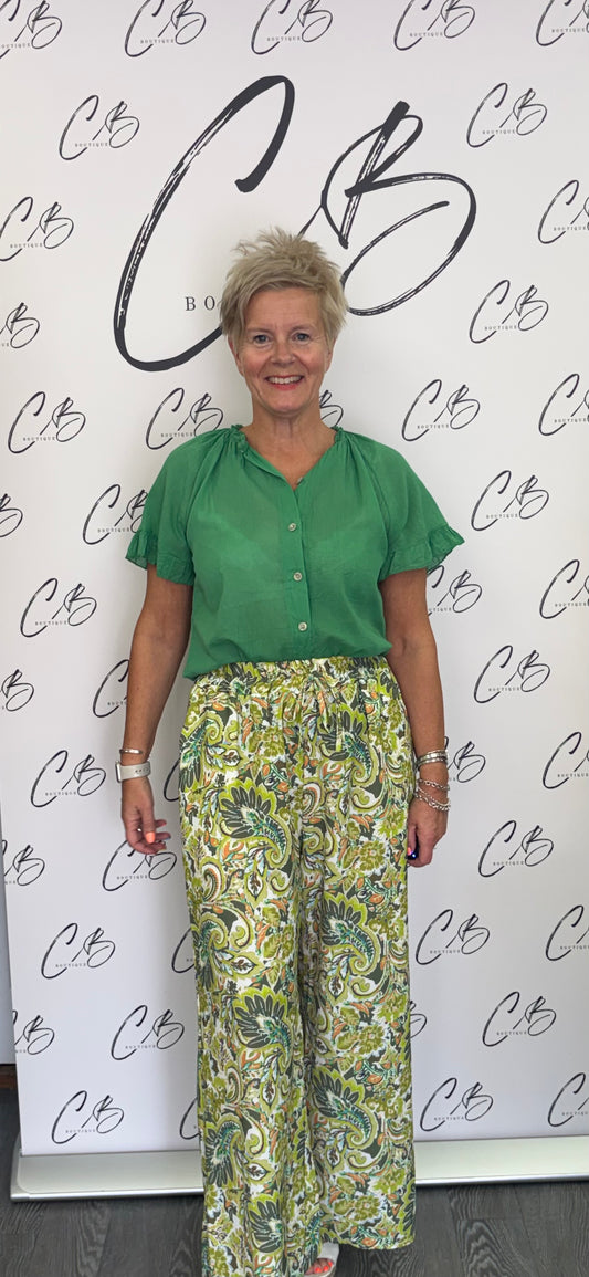 Green Print Wide Leg Trousers