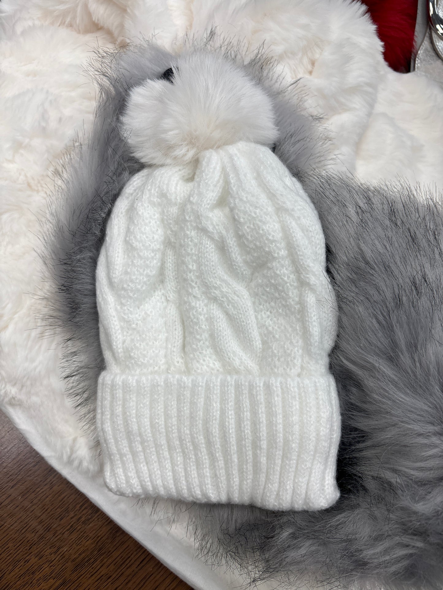 Cream cable woollen bobble hat
