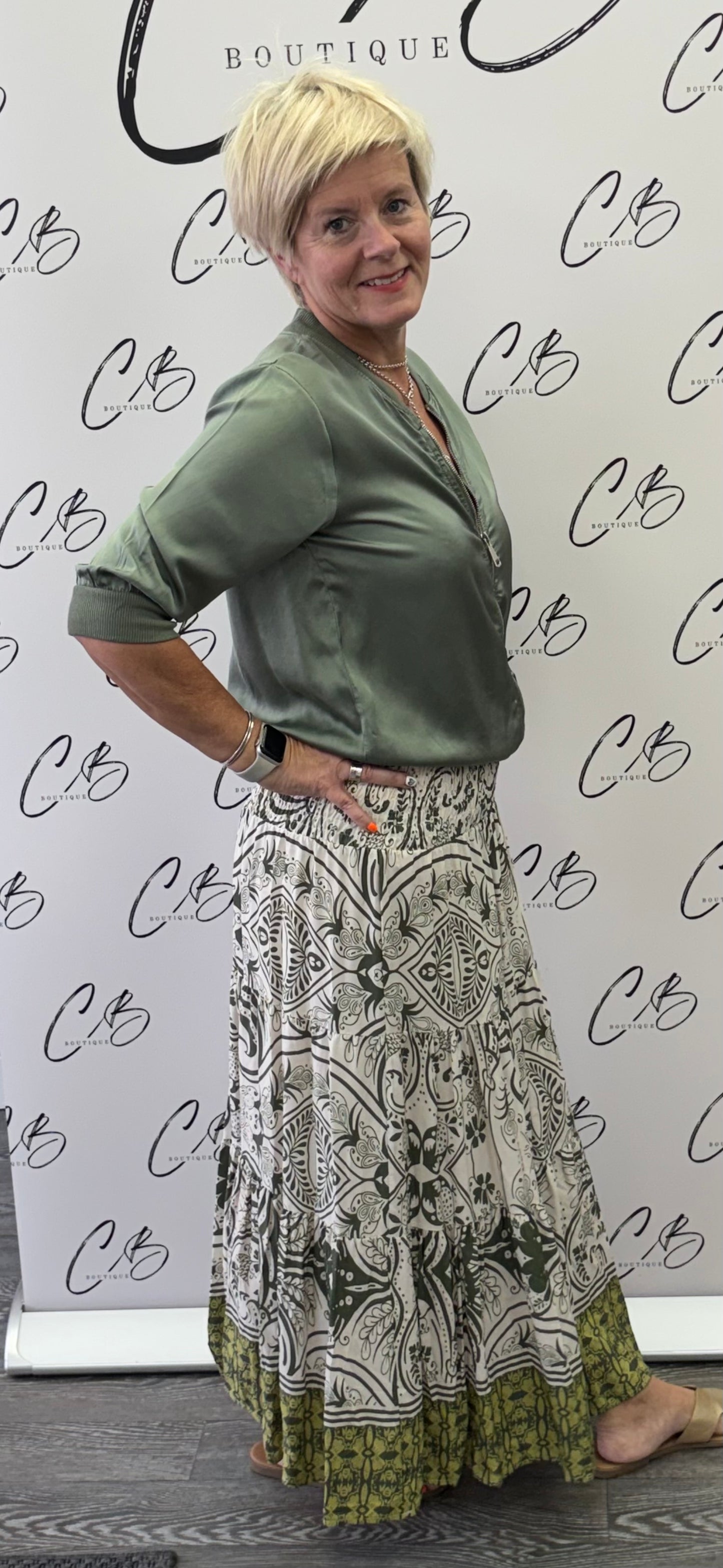 Cream and Khaki Long Layered Skirt