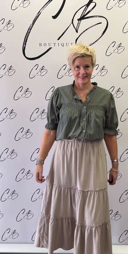 Khaki cotton gypsy blouse with round neckline and ruffled sleeves