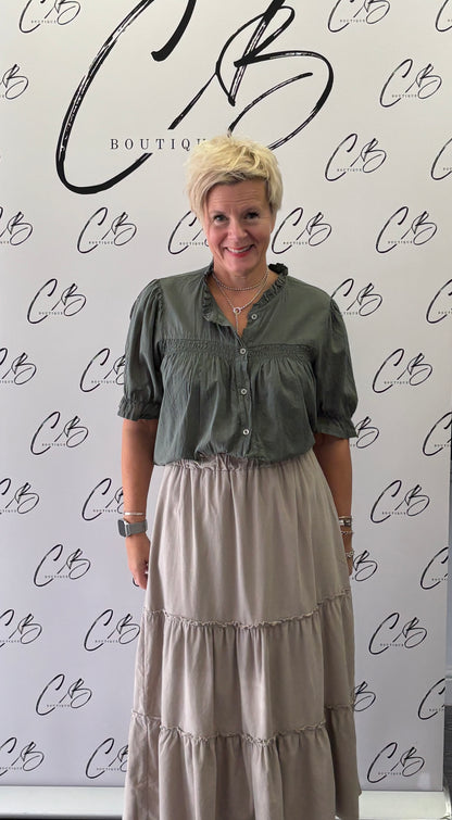 Khaki gypsy blouse styled with beige cord skirt