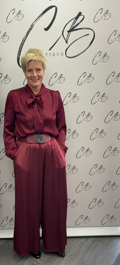 Wine satin wide leg trousers