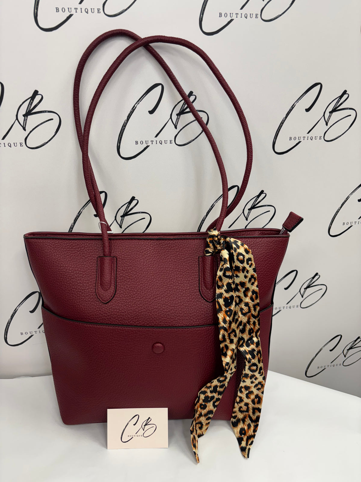 Wine Handbag with Leopard Print Scarf