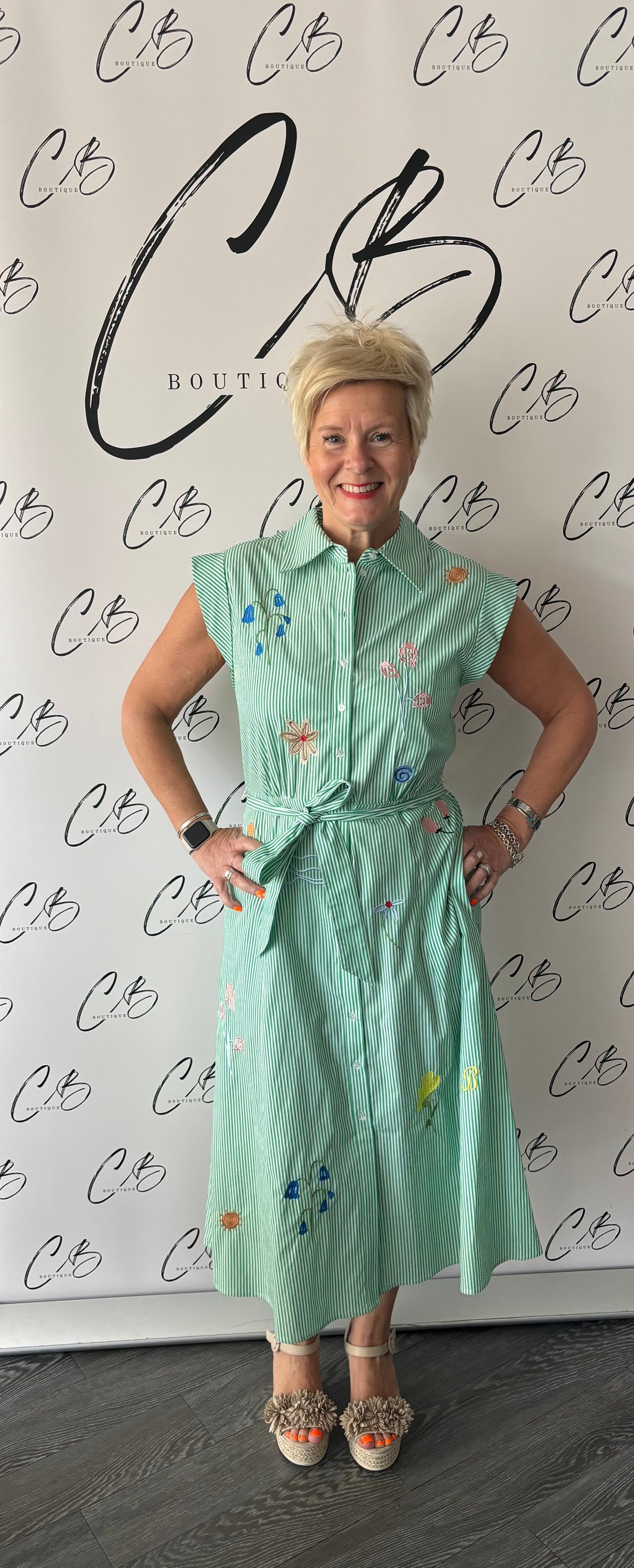 Gloria Floral Dress (Green Stripe)
