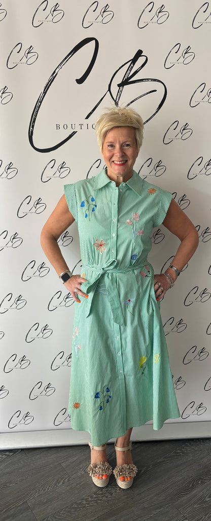 Gloria Floral Dress (Green Stripe)