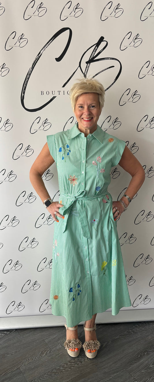 Gloria Floral Dress (Green Stripe)