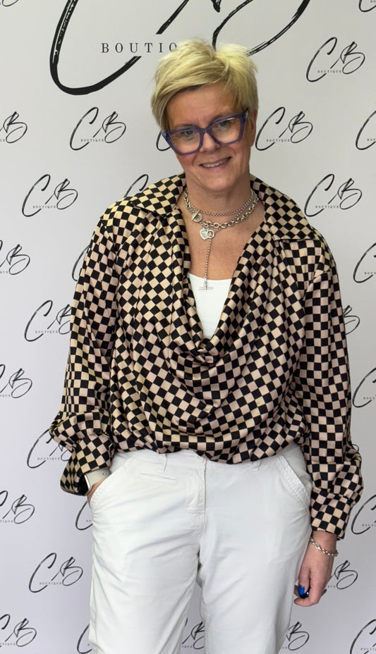 Gold and black check cowl neck