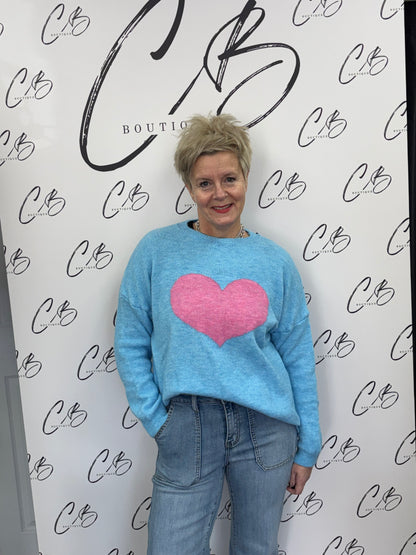 Pale Blue with pink heart jumper