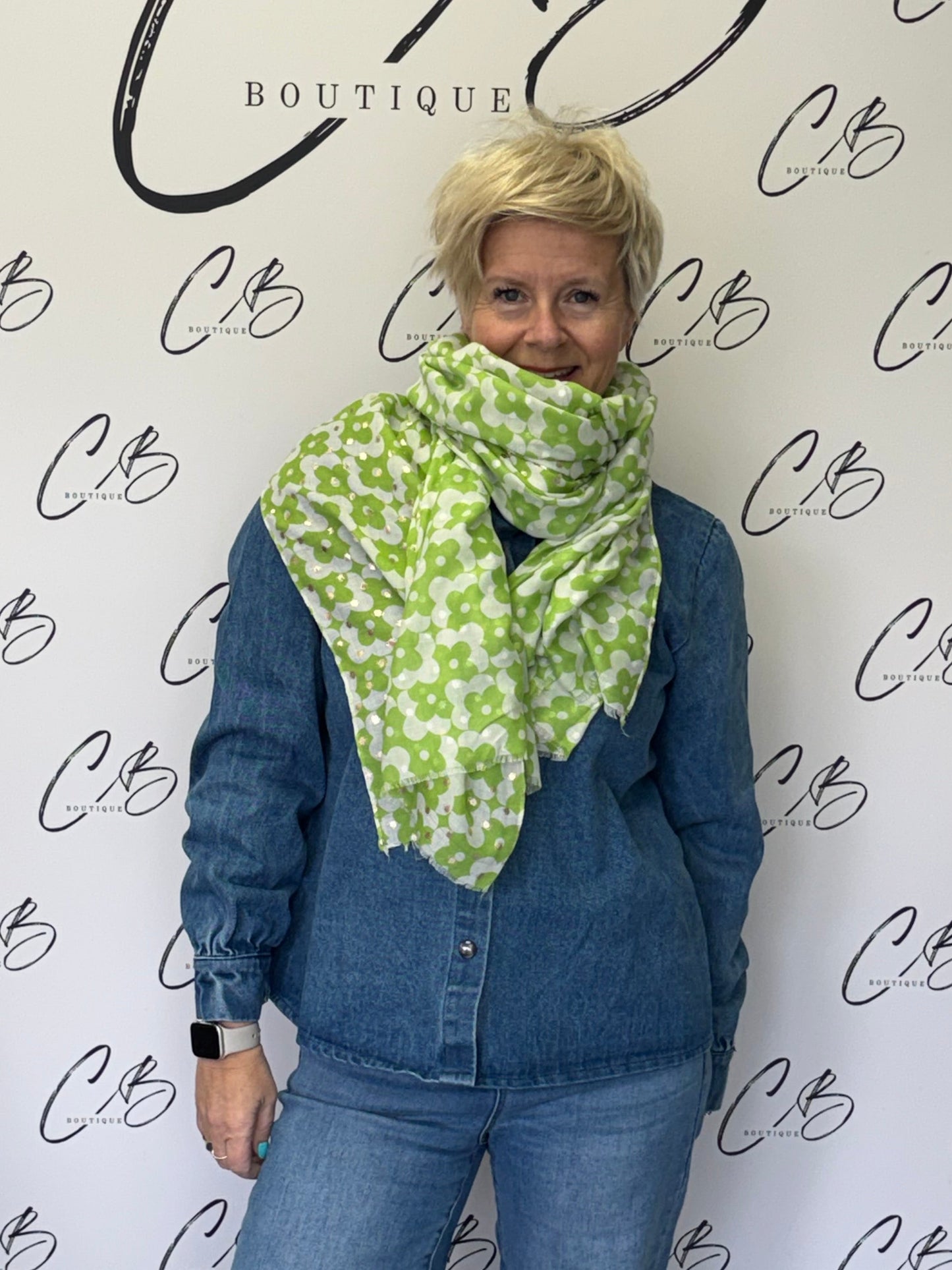 Green cream and gold flowery Scarf