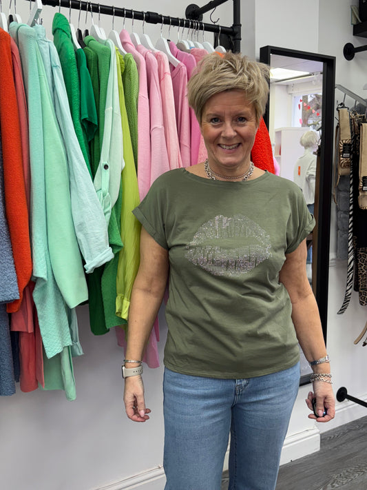 Glitter Lips T-Shirt -  Khaki