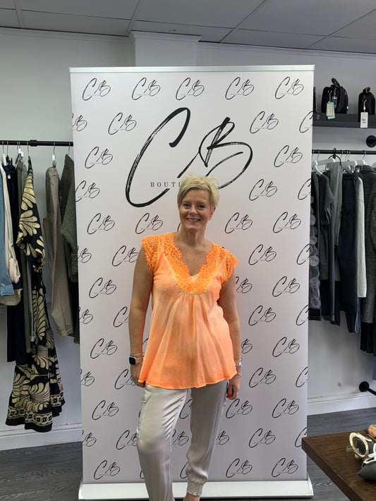 Orange V Neck Satin Lace Top