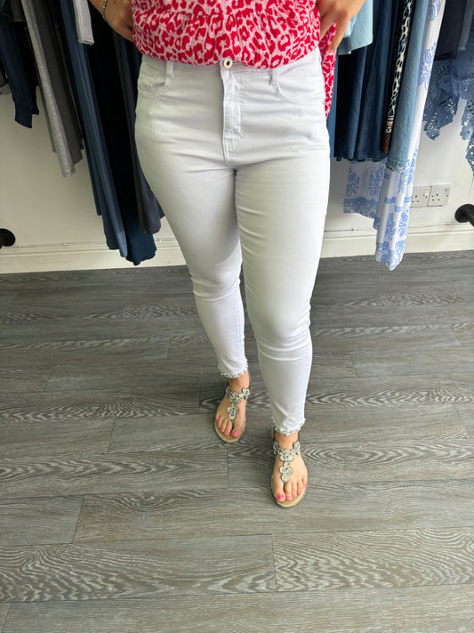 White denim jeans with sparkle bow