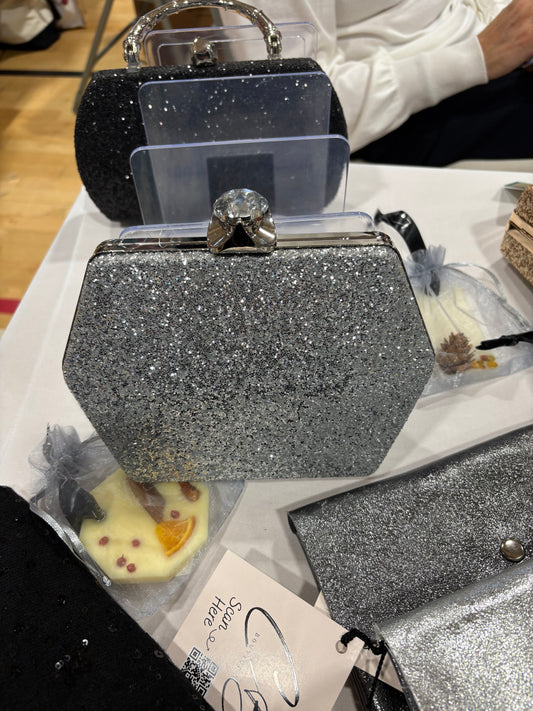 Silver hexagaon glitter hand bag with silver handle