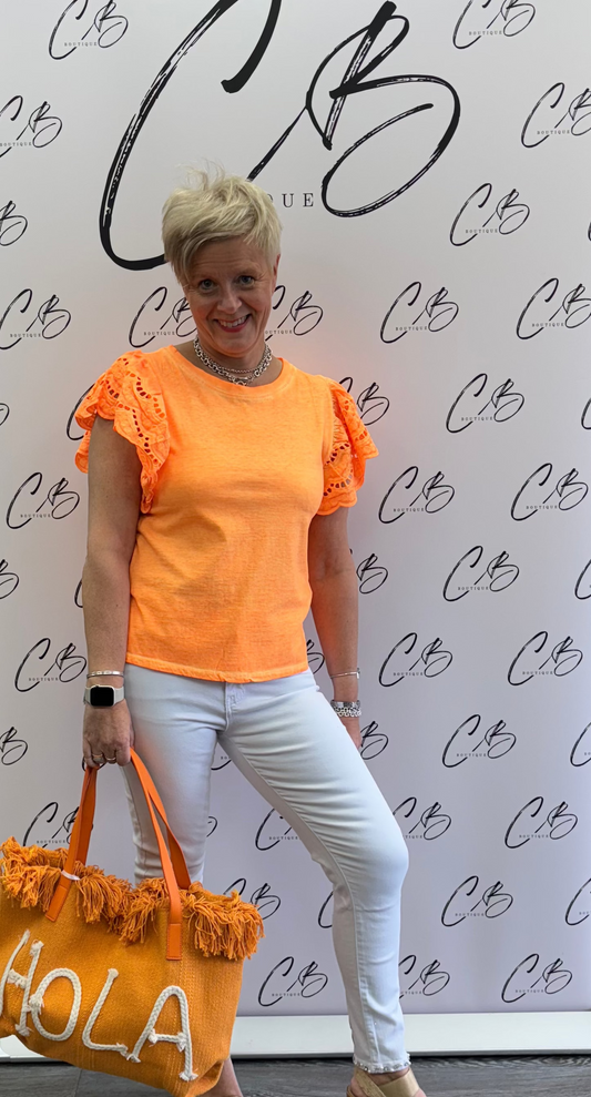 Neon Orange T shirt frilled sleeve