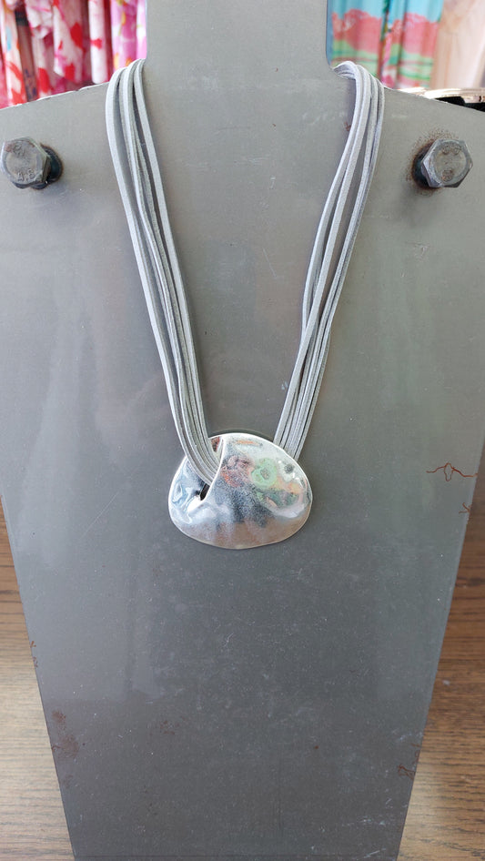 Beaten Effect Pendant Necklace - Short Suede